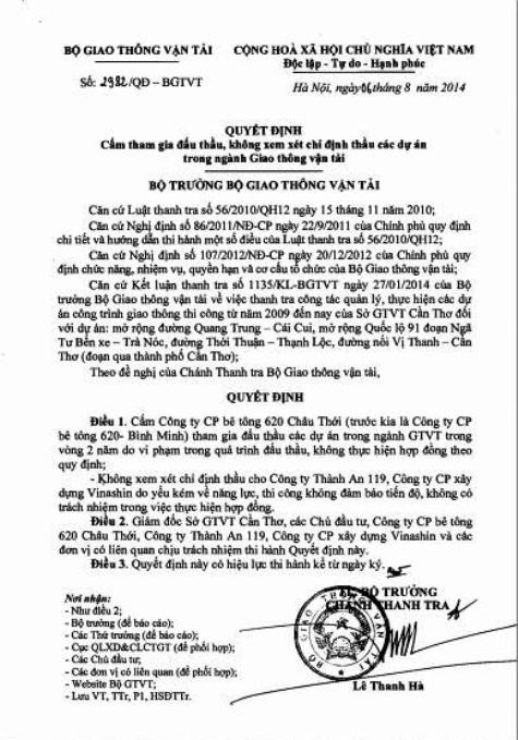 Quyết định số 2982/QĐ-BGTVT về việc cấm tham gia đấu thầu, không xem xét chỉ định đấu thầu các dự án trong ngành giao thông vận tải với doanh nghiệp vi phạm