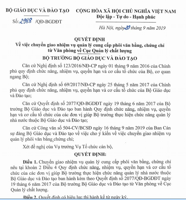 Bộ Giáo dục thay đổi đơn vị cấp phôi văn bằng ảnh 1 Bộ Giáo dục thay đổi đơn vị cấp phôi văn bằng ảnh 1