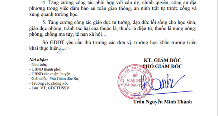Công văn ngày 15/3 của Sở Giáo dục và Đào tạo Đà Nẵng yêu cầu các trường học tăng cường các biện pháp đảm bảo an ninh. Ảnh: AN Công văn ngày 15/3 của Sở Giáo dục và Đào tạo Đà Nẵng yêu cầu các trường học tăng cường các biện pháp đảm bảo an ninh. Ảnh: AN