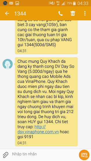 Tin nhắn từ số 1344 gửi đến cho chị N lúc 4h30 sáng xác nhận chị tham gia dịch vụ mà chị N không hay biết. Tin nhắn từ số 1344 gửi đến cho chị N lúc 4h30 sáng xác nhận chị tham gia dịch vụ mà chị N không hay biết.