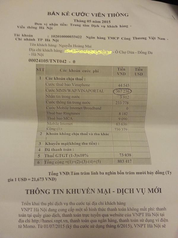 Bản kê cước viễn thông ttháng 5 của ông Mai phát sinh 367.236 đồng