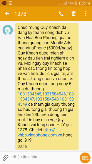 Vừa hủy thành công dịch vụ từ đầu số 1344, chị N lại bị nhà mạng Vinaphone tự động đăng ký dịch vụ Văn hóa bốn phương vào lúc 3h sáng. Vừa hủy thành công dịch vụ từ đầu số 1344, chị N lại bị nhà mạng Vinaphone tự động đăng ký dịch vụ Văn hóa bốn phương vào lúc 3h sáng.