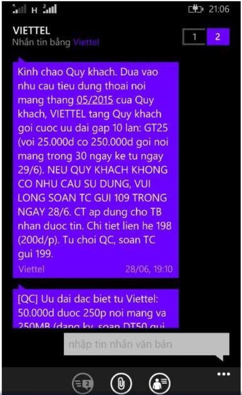 Ảnh chụp màn hình điện thoại của chủ thuê bao bị Viettel kích hoạt dịch vụ GT25 Ảnh chụp màn hình điện thoại của chủ thuê bao bị Viettel kích hoạt dịch vụ GT25