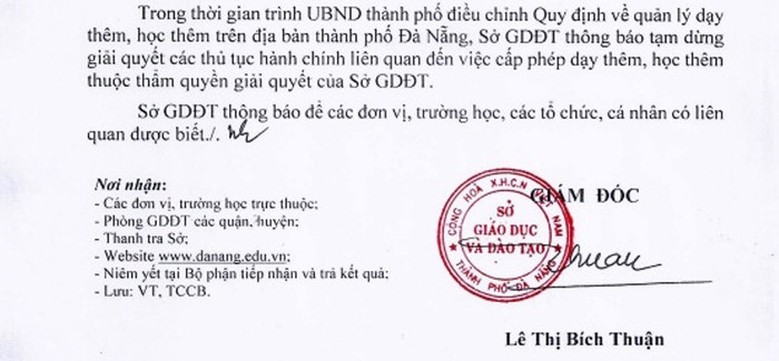 Văn bản của ngành giáo dục Đà Nẵng về việc tạm dừng cấp phép dạy thêm, học thêm. Văn bản của ngành giáo dục Đà Nẵng về việc tạm dừng cấp phép dạy thêm, học thêm.