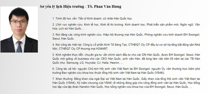 Danh xưng Hiệu trưởng của ông Phan Văn Hưng trên website của Học viện kinh tế sáng tạo (ảnh Bạch Đằng). Danh xưng Hiệu trưởng của ông Phan Văn Hưng trên website của Học viện kinh tế sáng tạo (ảnh Bạch Đằng).