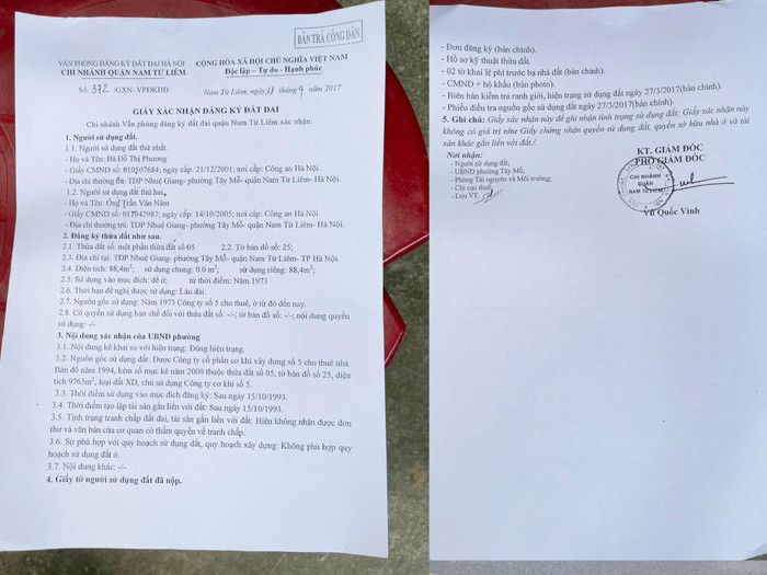 Dù sinh sống gần 50 năm tại khu đất nhưng vì vướng vào quy hoạch dự án Cụm trường Trung học chuyên nghiệp và dạy nghề Tây Mỗ, gia đình ông Năm không được làm thủ tục cấp giấy chứng nhận quyền sử dụng đất. Thay vào đó họ chỉ được cấp giấy xác nhận đăng ký đất đai. Ảnh: T.D Dù sinh sống gần 50 năm tại khu đất nhưng vì vướng vào quy hoạch dự án Cụm trường Trung học chuyên nghiệp và dạy nghề Tây Mỗ, gia đình ông Năm không được làm thủ tục cấp giấy chứng nhận quyền sử dụng đất. Thay vào đó họ chỉ được cấp giấy xác nhận đăng ký đất đai. Ảnh: T.D
