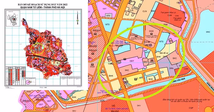 Trong bản đồ kế hoạch sử dụng đất năm 2022 của quận Nam Từ Liêm, đối chiếu tại vị trí trước đó trong bản đồ kế hoạch sử dụng đất năm 2017 (ô khoanh màu vàng), hiện không thấy có tên Dự án xây dựng Cụm trường Trung học chuyên nghiệp và dạy nghề Tây Mỗ. Ảnh: Trung Dũng