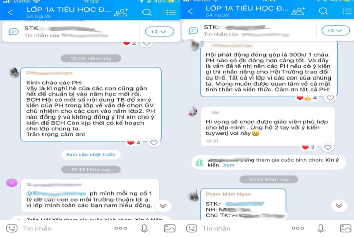 Nội dung tin nhắn của đại diện Hội phụ huynh lớp 1A, trường Tiểu học Đội Cung, thành phố Vinh. Ảnh chụp màn hình