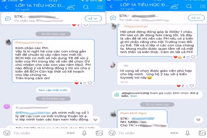 Nội dung tin nhắn của đại diện Hội phụ huynh lớp 1A, trường Tiểu học Đội Cung, thành phố Vinh. Ảnh chụp màn hình