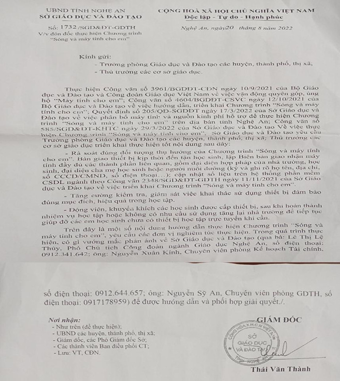 Sau phản ánh của Tạp chí điện tử Giáo dục Việt Nam vào ngày 18/8, đến ngày 20/8 Sở Giáo dục và Đào tạo Nghệ An đã có văn bản để đôn đốc và yêu cầu các địa phương rà soát và báo cáo lại đầy đủ về tình hình. Ảnh: Sở Giáo dục và Đào tạo Nghệ An cung cấp