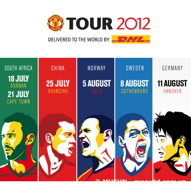 Hôm nay, M.U đã lên đường sang Nam Phi bắt đầu tour du đấu hè của mình. Với mục đích quảng bá hình ảnh, và giúp toàn đội làm nóng trước mùa giải mới, Sir Alex sẽ mang theo một đội hình khá mạnh với những tên tuổi quen thuộc như Rio Ferdinand, Paul Scholes, Michael Carrick, Chicharito, Antonio Valencia và các cầu thủ trẻ triển vọng. Ngoài ra, những cái tên NHM M.U mong đợi nhất cũng sẽ xuất hiện, đó là 2 bản hợp đồng mới Kagawa và Powell. Tuy nhiên, Wayne Rooney, Phil Jones và Ashley Young vắng mặt vì mới trở về từ EURO 2012. Hôm nay, M.U đã lên đường sang Nam Phi bắt đầu tour du đấu hè của mình. Với mục đích quảng bá hình ảnh, và giúp toàn đội làm nóng trước mùa giải mới, Sir Alex sẽ mang theo một đội hình khá mạnh với những tên tuổi quen thuộc như Rio Ferdinand, Paul Scholes, Michael Carrick, Chicharito, Antonio Valencia và các cầu thủ trẻ triển vọng. Ngoài ra, những cái tên NHM M.U mong đợi nhất cũng sẽ xuất hiện, đó là 2 bản hợp đồng mới Kagawa và Powell. Tuy nhiên, Wayne Rooney, Phil Jones và Ashley Young vắng mặt vì mới trở về từ EURO 2012.