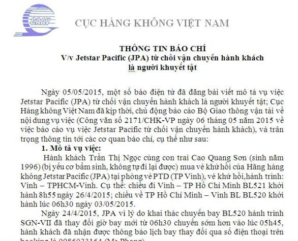 Thông cáo Báo chí của Cục Hàng không về việc Jetstar Pacific (JPA) từ chối vận chuyển hành khách là người khuyết tật. Ảnh chụp màn hình.