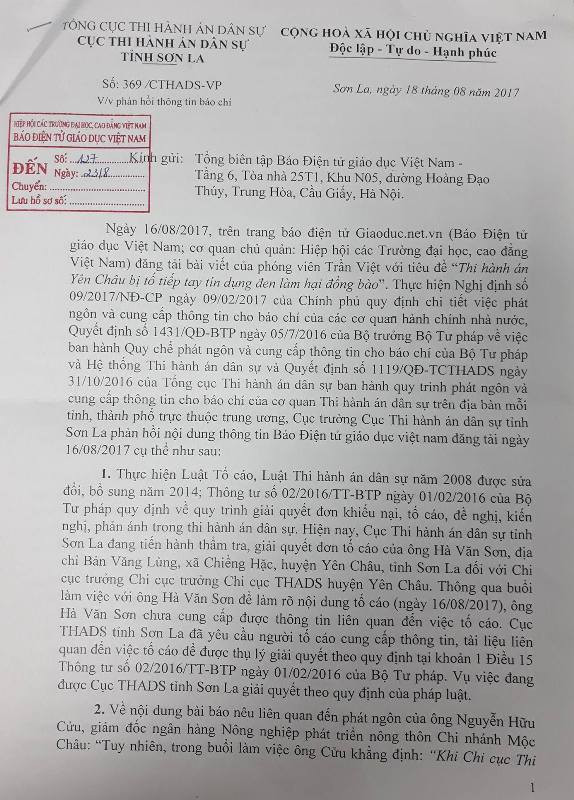 Công văn về việc phản hồi thông tin báo chí của Cục Thi hành án dân sự tỉnh Sơn La gửi Báo Điện tử Giáo dục Việt Nam có nhiều vấn đề không thuộc thẩm quyền. Ảnh Trần Việt. Công văn về việc phản hồi thông tin báo chí của Cục Thi hành án dân sự tỉnh Sơn La gửi Báo Điện tử Giáo dục Việt Nam có nhiều vấn đề không thuộc thẩm quyền. Ảnh Trần Việt.