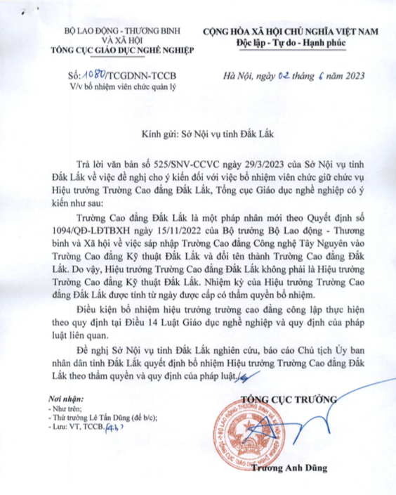 Công văn nêu ý kiến trả lời về bổ nhiệm viên chức quản lý tại Trường Cao đẳng Đắk Lắk của Tổng cục Giáo dục nghề nghiệp. Ảnh: CTV Công văn nêu ý kiến trả lời về bổ nhiệm viên chức quản lý tại Trường Cao đẳng Đắk Lắk của Tổng cục Giáo dục nghề nghiệp. Ảnh: CTV
