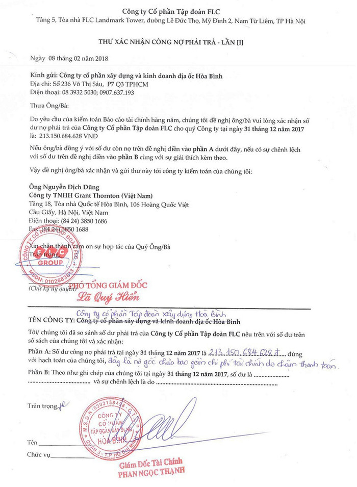Thư xác nhận công nợ trong đó ghi rõ số tiền mà Tập đoàn FLC nợ Tập đoàn Hòa Bình 213 tỷ đồng. Thư xác nhận công nợ trong đó ghi rõ số tiền mà Tập đoàn FLC nợ Tập đoàn Hòa Bình 213 tỷ đồng.
