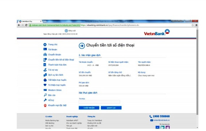 Bước 6: Khách hàng xác nhận các thông tin dịch vụ, nhấn &quot;chấp nhận&quot; để tiếp tục giao dịch hoặc &quot;quay lại&quot; để trở lại from &quot;nhập thông tin giao dịch&quot;