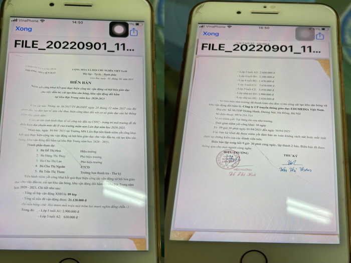 Hiệu trưởng Mầm non Liên Bạt khẳng định, biên bản công khai việc thu, chi tiền xã hội hóa đã được dán trên bảng thông báo của trường trước thời điểm giáo viên gửi đơn đi các nơi từ tháng 6/2022. Ảnh phóng viên chụp màn hình điện thoại Hiệu trưởng Trường Mầm non Liên Bạt đề ngày công khai là 1/4/2021.