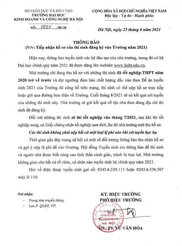 Thông báo của Trường đại học Kinh doanh và Công nghệ về việc tiếp nhận hồ sơ thí sinh đăng ký vào trường năm 2021. Ảnh: Facebook nhà trường Thông báo của Trường đại học Kinh doanh và Công nghệ về việc tiếp nhận hồ sơ thí sinh đăng ký vào trường năm 2021. Ảnh: Facebook nhà trường