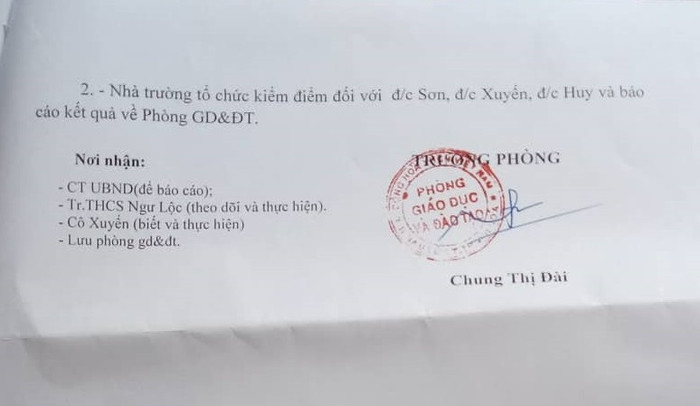 Nội dung kết luận vụ việc hướng dẫn học sinh viết đơn tố thầy giáo dạy thêm sai quy định bị hạ thi đua (ảnh do cô Nguyễn Thị Xuyến cung cấp). Nội dung kết luận vụ việc hướng dẫn học sinh viết đơn tố thầy giáo dạy thêm sai quy định bị hạ thi đua (ảnh do cô Nguyễn Thị Xuyến cung cấp).