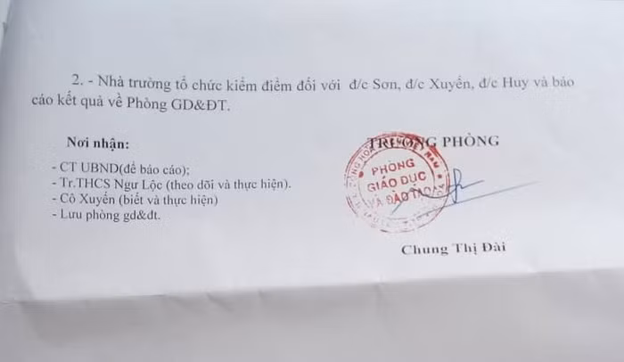Nội dung kết luận vụ việc hướng dẫn học sinh viết đơn tố thầy giáo dạy thêm sai quy định bị hạ thi đua (ảnh do cô Nguyễn Thị Xuyến cung cấp).