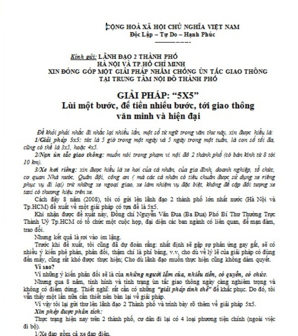 Kiến nghị về giải pháp "5X5" của ông Mai Trọng Tuấn - ảnh chụp lại văn bản. Kiến nghị về giải pháp "5X5" của ông Mai Trọng Tuấn - ảnh chụp lại văn bản.