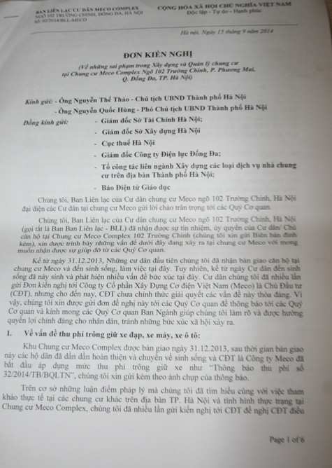 Đơn kiến nghị của Ban liên lạc cư dân chung cư Meco Complex được gửi đến Báo Điện tử Giáo dục Việt Nam cũng như nhiều đơn vị chức năng Đơn kiến nghị của Ban liên lạc cư dân chung cư Meco Complex được gửi đến Báo Điện tử Giáo dục Việt Nam cũng như nhiều đơn vị chức năng
