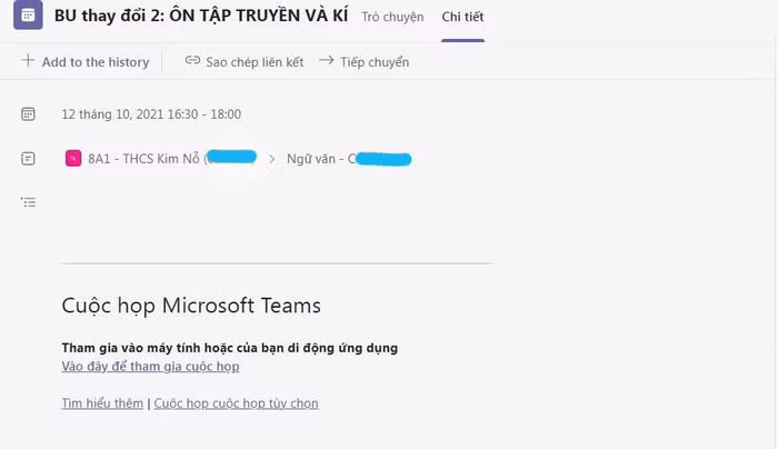 Tương tự lịch học thêm môn Ngữ văn của lớp 8A1 cũng được tạo sẵn trên ứng dụng học trực tuyến của Trường THCS Kim Nỗ, không có trong khung thời gian thời khoá biểu chính khoá. Ảnh: Phụ huynh cung cấp