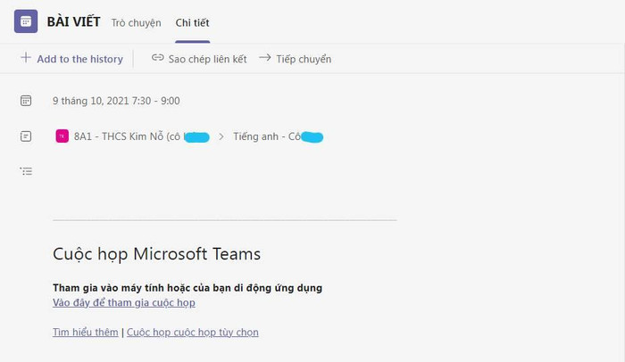 Lịch học thêm tiếng Anh của lớp 8A1, Trường THCS Kim Nỗ được lên lịch vào ngày thứ Bảy trên ứng dụng học trực tuyến của trường, không có trong khung thời gian thời khoá biểu chính thức. Ảnh: Phụ huynh cung cấp