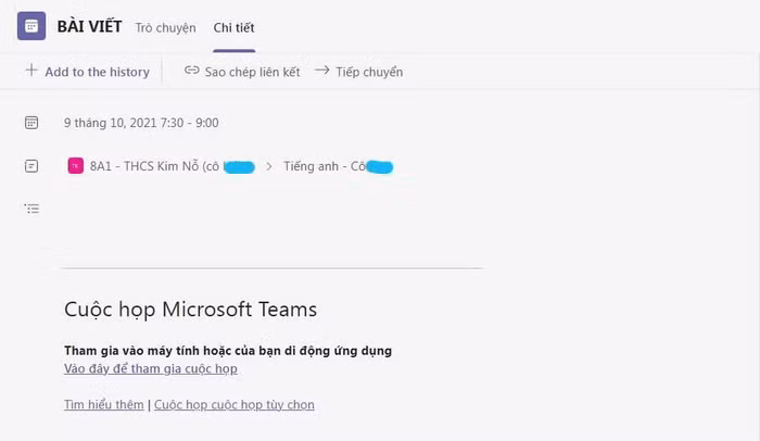 Lịch học thêm tiếng Anh của lớp 8A1, Trường THCS Kim Nỗ được lên lịch vào ngày thứ Bảy trên ứng dụng học trực tuyến của trường, không có trong khung thời gian thời khoá biểu chính thức. Ảnh: Phụ huynh cung cấp
