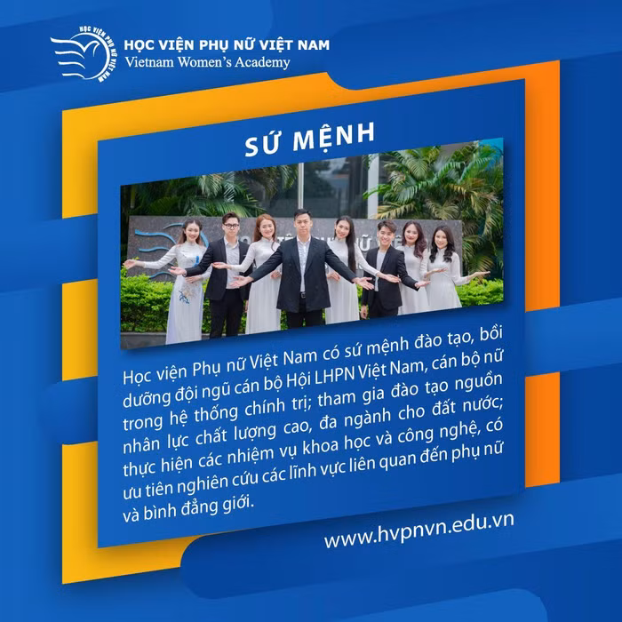 Sứ mệnh của Học viện Phụ nữ Việt Nam đề cập rõ "đào tạo, bồi dưỡng đội ngũ cán bộ Hội, cán bộ làm công tác phụ nữ và tham gia đào tạo nguồn nhân lực cho đất nước đáp ứng yêu cầu, tiêu chuẩn trong từng thời kỳ; thực hiện các nhiệm vụ khoa học công nghệ để tham mưu, đề xuất cho Đảng, Nhà nước và Hội Liên hiệp Phụ nữ Việt Nam”. Ảnh: hvpnvn.edu.vn