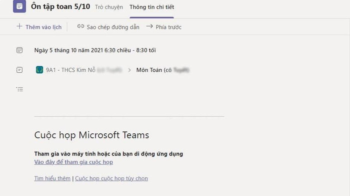 Lịch học thêm của môn Toán có cụ thể ngày giờ được tạo sẵn trên ứng dụng học trực tuyến có mốc thời gian kết thúc vào buổi tối. Ảnh: Phụ huynh cung cấp Lịch học thêm của môn Toán có cụ thể ngày giờ được tạo sẵn trên ứng dụng học trực tuyến có mốc thời gian kết thúc vào buổi tối. Ảnh: Phụ huynh cung cấp