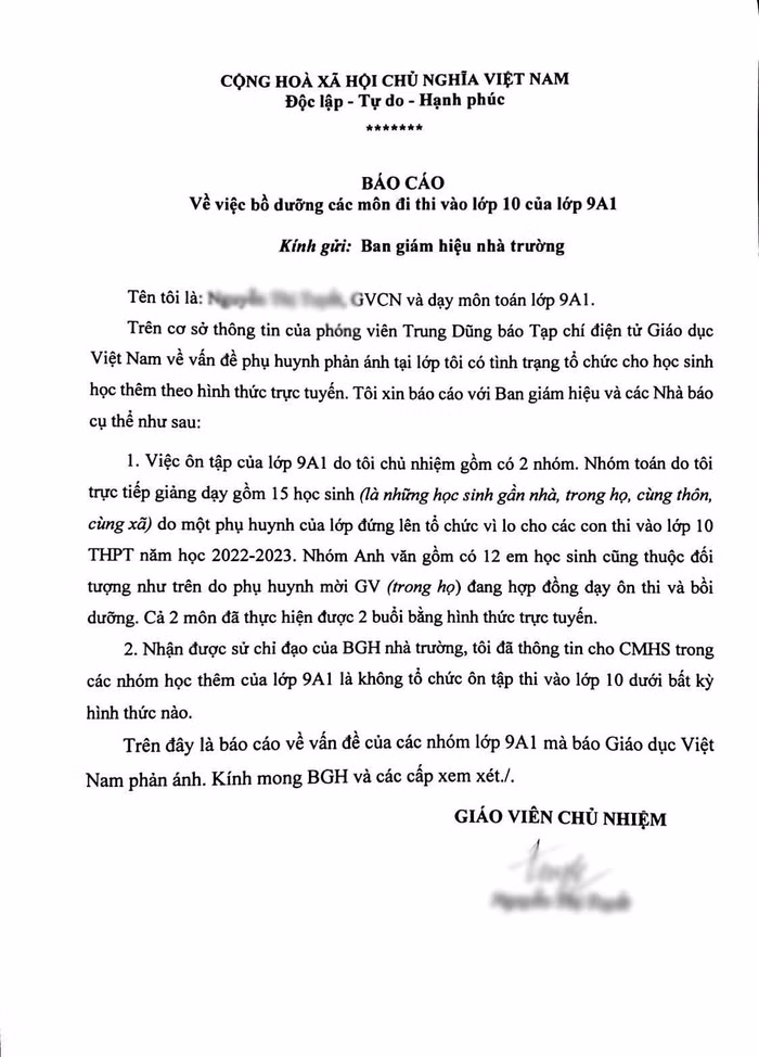 Sau khi xác minh có sự việc, các giáo viên tổ chức dạy thêm ở Trường Trung học cơ sở Kim Nỗ đều phải làm tường trình, kiểm điểm trách nhiệm. Ảnh: NTCC