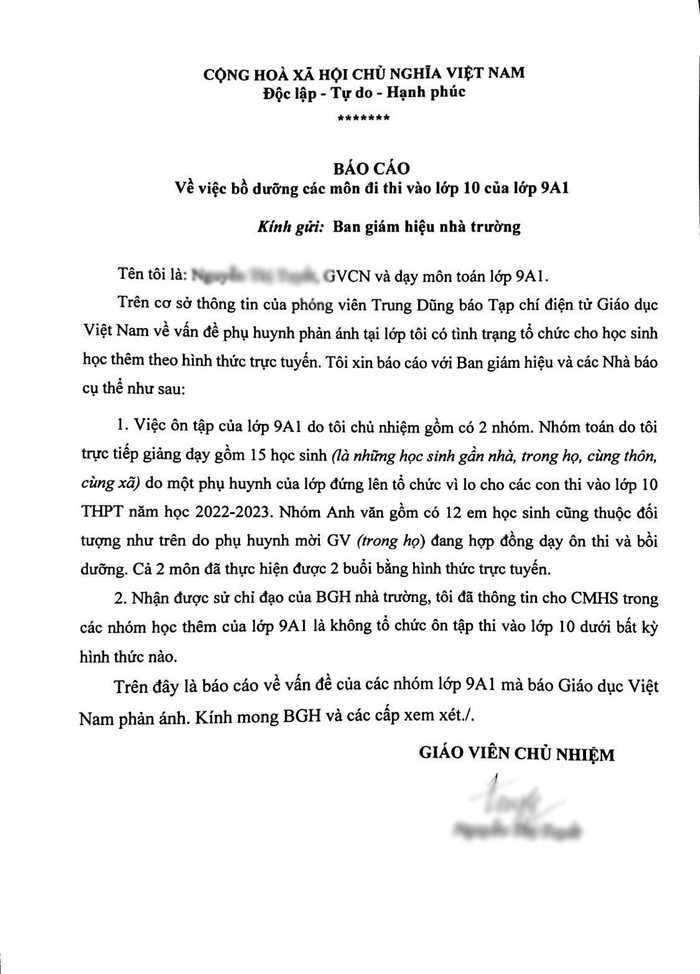 Sau khi xác minh có sự việc, các giáo viên tổ chức dạy thêm ở Trường Trung học cơ sở Kim Nỗ đều phải làm tường trình, kiểm điểm trách nhiệm. Ảnh: NTCC Sau khi xác minh có sự việc, các giáo viên tổ chức dạy thêm ở Trường Trung học cơ sở Kim Nỗ đều phải làm tường trình, kiểm điểm trách nhiệm. Ảnh: NTCC