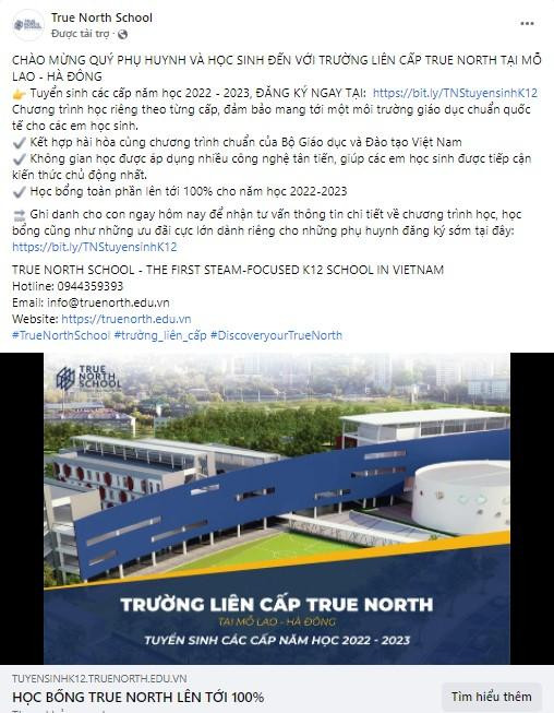 Thông tin quảng cáo tuyển sinh của True North School đăng tải trên mạng xã hội. Ảnh chụp màn hình