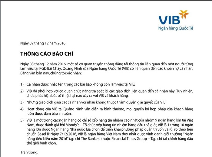 Thông cáo báo chí của Ngân hàng VIB - ảnh chụp màn hình/ nguồn VIB.com.vn Thông cáo báo chí của Ngân hàng VIB - ảnh chụp màn hình/ nguồn VIB.com.vn