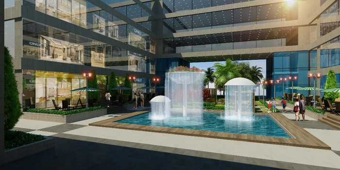 Không gian xanh với đài phun nước sảnh của dự án Central Field - ảnh phối cảnh.