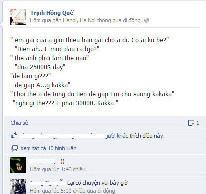 Vụ lùm xùm thứ 7, khi Hotgirl Angela Phương Trinh 'khoe' rằng có đại gia sẵn sàng bỏ ra 20.000 USD để được gặp cô , thì ngay lập tức Hồng Quế treo status 'đá xoáy' Phương Trinh, rằng nếu muốn gặp cô phải trả 30.000 USD. (Ảnh: Eva) Vụ lùm xùm thứ 7, khi Hotgirl Angela Phương Trinh 'khoe' rằng có đại gia sẵn sàng bỏ ra 20.000 USD để được gặp cô , thì ngay lập tức Hồng Quế treo status 'đá xoáy' Phương Trinh, rằng nếu muốn gặp cô phải trả 30.000 USD. (Ảnh: Eva)