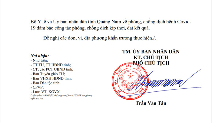Công văn của tỉnh Quảng Nam về việc cho học sinh một số khu vực nghỉ học. Ảnh: AN Công văn của tỉnh Quảng Nam về việc cho học sinh một số khu vực nghỉ học. Ảnh: AN