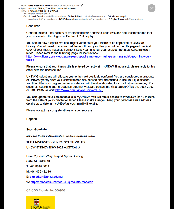 Thư chúc mừng được cho là của Đại học University of New South Wales – UNSW (Úc) về việc hoàn thành bằng Tiến sĩ gửi cho ông Thảo năm 2013. Thư chúc mừng được cho là của Đại học University of New South Wales – UNSW (Úc) về việc hoàn thành bằng Tiến sĩ gửi cho ông Thảo năm 2013.