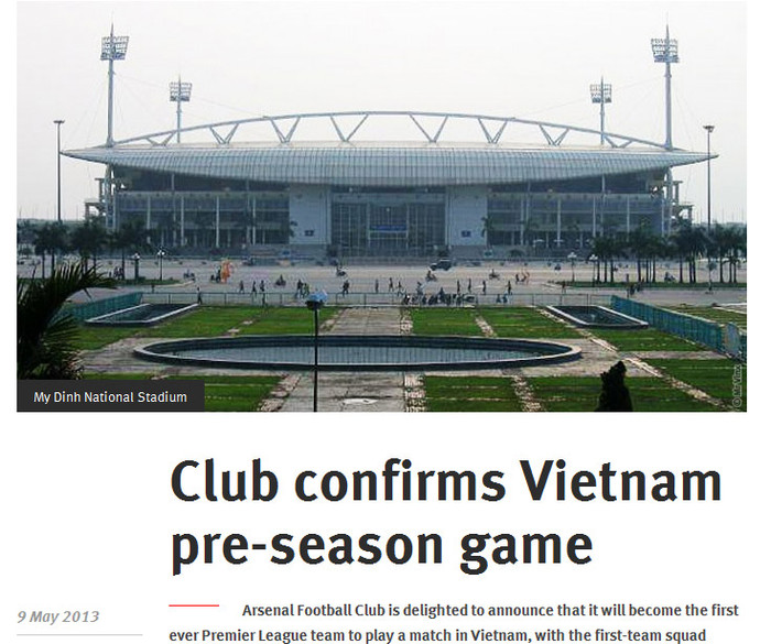 Website chính thức của Arsenal khẳng định sẽ đá giao hữu tại Mỹ Đình.