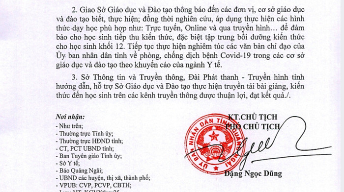 Công văn thông báo cho học sinh nghỉ học của Ủy ban nhân dân tỉnh Quảng Ngãi. Ảnh: AN Công văn thông báo cho học sinh nghỉ học của Ủy ban nhân dân tỉnh Quảng Ngãi. Ảnh: AN