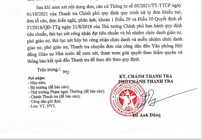 Ảnh công văn chuyển đơn của Thanh tra Bộ Giáo dục và Đào tạo gửi Văn phòng Hội đồng Giáo sư nhà nước.