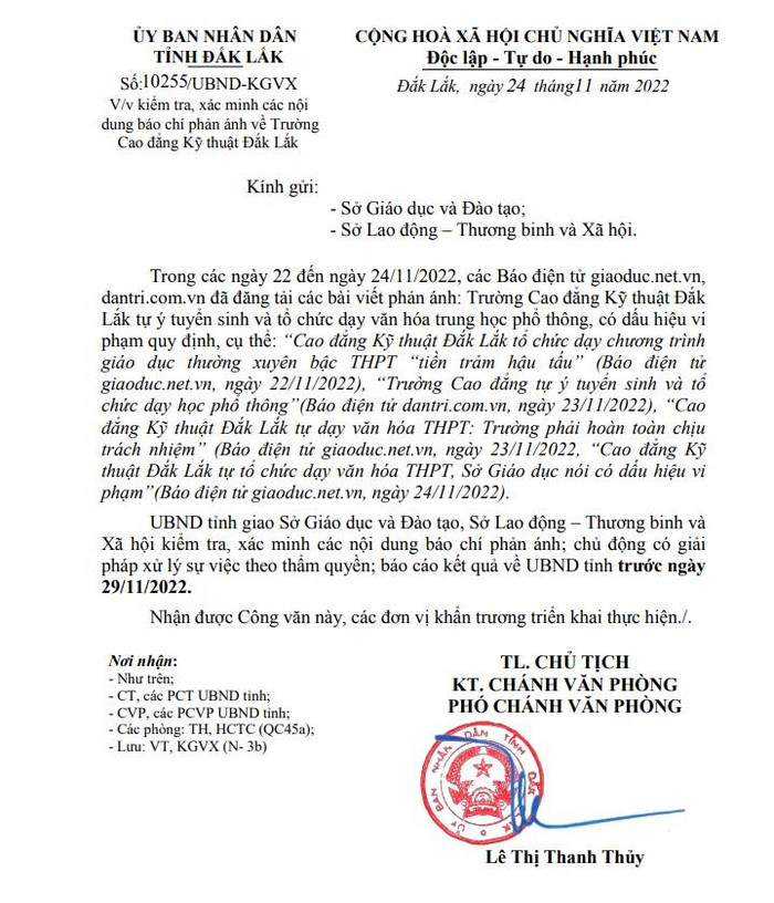 Công văn chỉ đạo của Ủy ban nhân dân tỉnh Đắk Lắk. Ảnh: CTV