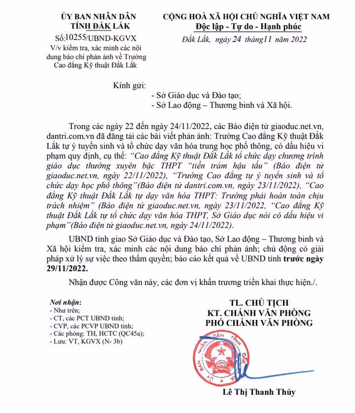 Công văn chỉ đạo của Ủy ban nhân dân tỉnh Đắk Lắk. Ảnh: CTV