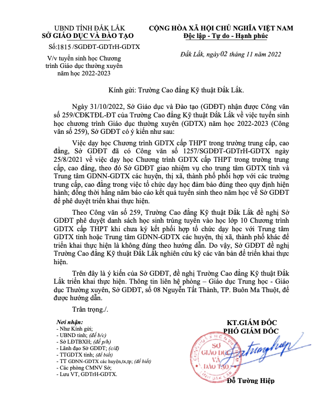 Công văn Sở Giáo dục và Đào tạo Đắk Lắk gửi ngày 2/11/2022 để chấn chỉnh về sự việc tại Trường cao đẳng Kỹ thuật Đắk Lắk. Ảnh: Sở Giáo dục và Đào tạo Đắk Lắk cung cấp