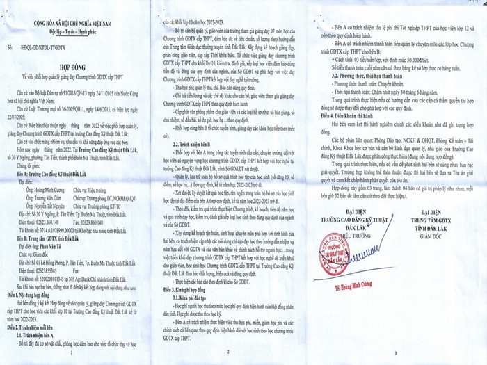 Bản "Hợp đồng" được Trường cao đẳng Kỹ thuật Đắk Lắk gửi cho Sở Giáo dục và Đào tạo Đắk Lắk chỉ có chữ kỹ và con dấu của 1 bên. Ảnh: Trung Dũng Bản "Hợp đồng" được Trường cao đẳng Kỹ thuật Đắk Lắk gửi cho Sở Giáo dục và Đào tạo Đắk Lắk chỉ có chữ kỹ và con dấu của 1 bên. Ảnh: Trung Dũng