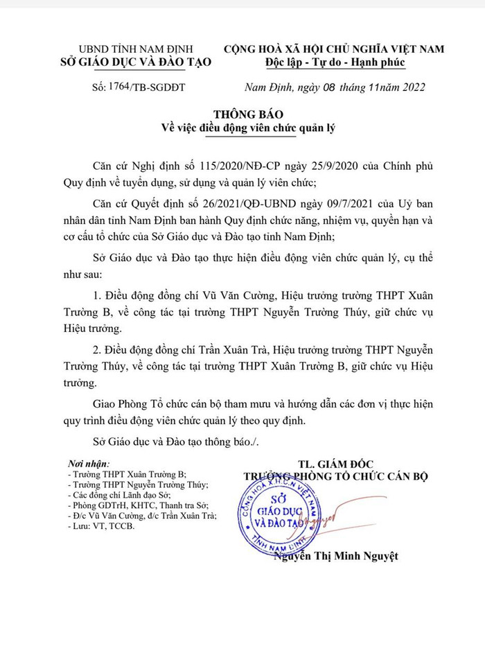 Thông báo về việc điều động viên chức quản lý của Sở Giáo dục và Đào tạo Nam Định. Ảnh: CTV