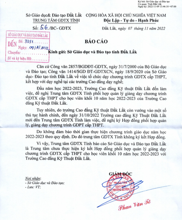 Báo cáo của Trung tâm Giáo dục thường xuyên tỉnh Đắk Lắk xác nhận chưa ký kết hợp đồng liên kết đào tạo với Trường cao đẳng Kỹ thuật Đắk Lắk. Ảnh: CTV Báo cáo của Trung tâm Giáo dục thường xuyên tỉnh Đắk Lắk xác nhận chưa ký kết hợp đồng liên kết đào tạo với Trường cao đẳng Kỹ thuật Đắk Lắk. Ảnh: CTV