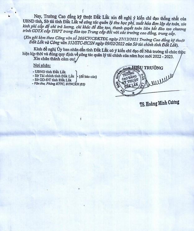 Công văn Trường cao đẳng Kỹ thuật Đắk Lắk gửi Ủy ban nhân dân tỉnh Đắk Lắk ngày 5/9/2022. Ảnh: Sở Giáo dục và Đào tạo Đắk Lắk cung cấp