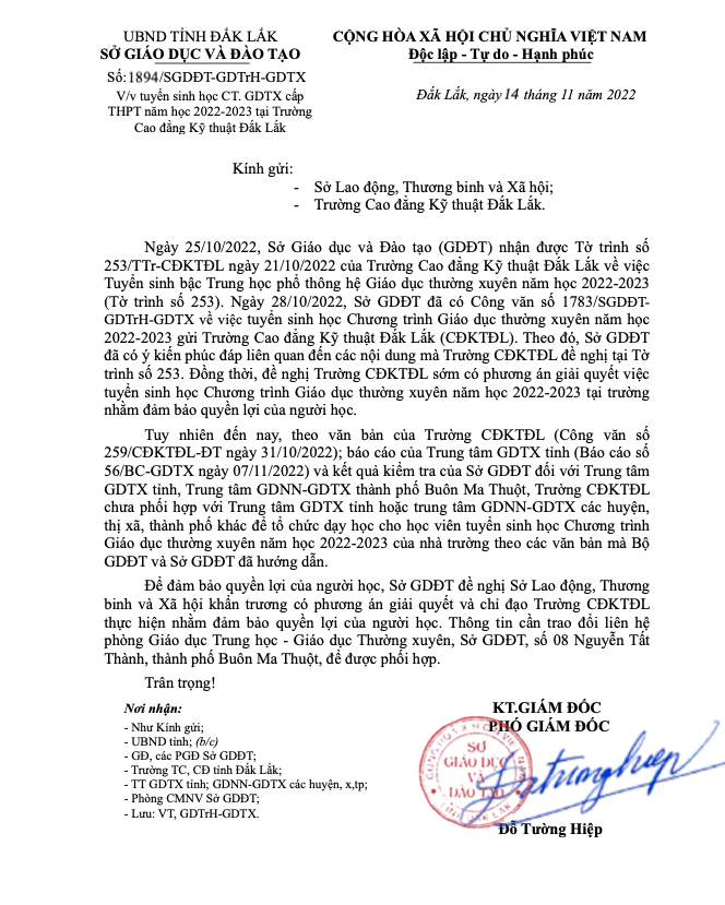 Công văn Sở Giáo dục và Đào tạo Đắk Lắk gửi Sở Lao động - Thương binh và Xã hội đề nghị phối hợp giải quyết sự việc ở Trường cao đẳng Kỹ thuật Đắk Lắk. Ành: Sở Giáo dục và Đào tạo Đắk Lắk cung cấp.